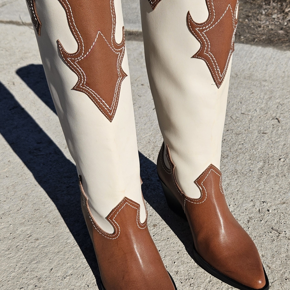 Zodiac Dawson Western Tall Boots - Brown/Cream Leather - Size 5.5M- NEW
